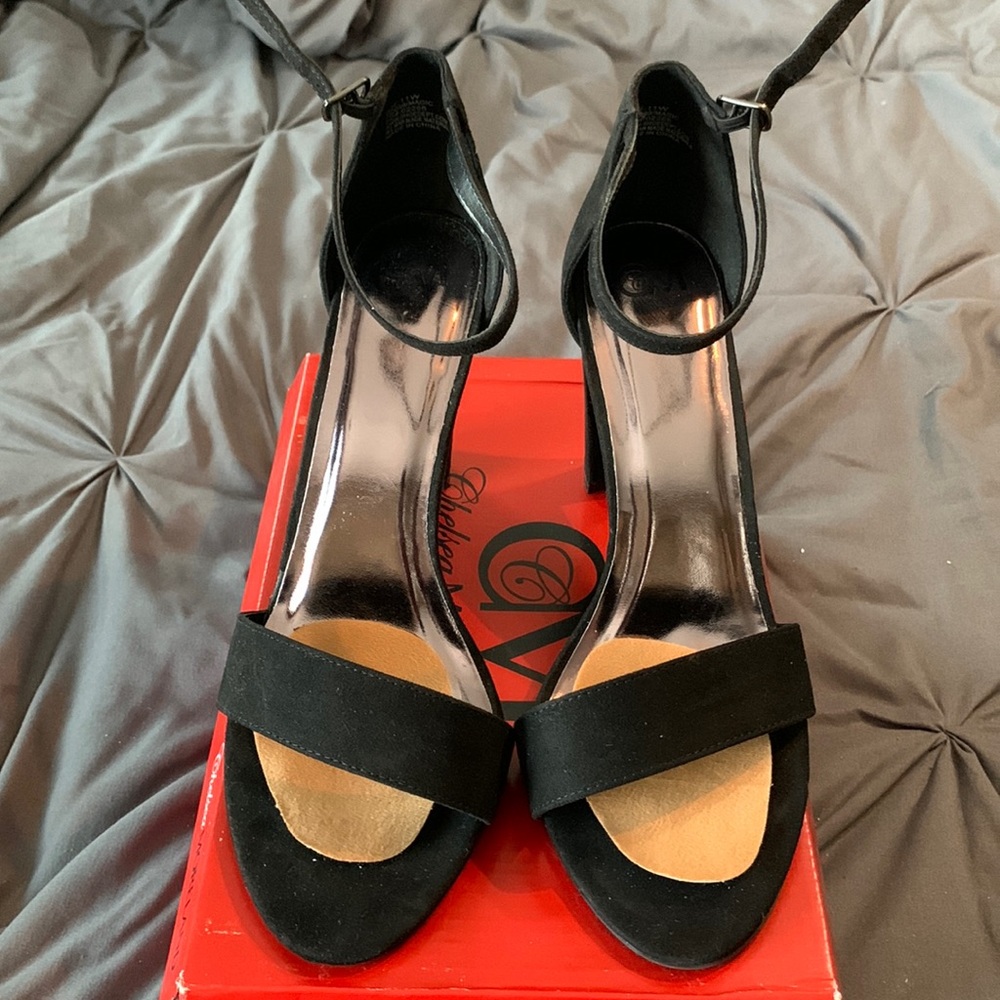 Black faux suede heels
